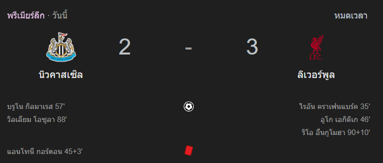 การแข่งขันพรีเมียร์ลีก อังกฤษ นัดสุดท้ายของ Matchweek 2 เมื่อคืนวันที่ 26 สิงหาคม 2568 ที่สนาม St. James’ Park ปรากฏว่า “หงส์แดง” ลิเวอร์พูล บุกเฉือนชนะ นิวคาสเซิล ยูไนเต็ด 3-2 ในเกมที่เต็มไปด้วยดราม่าและความเข้มข้นตลอด 90 นาที