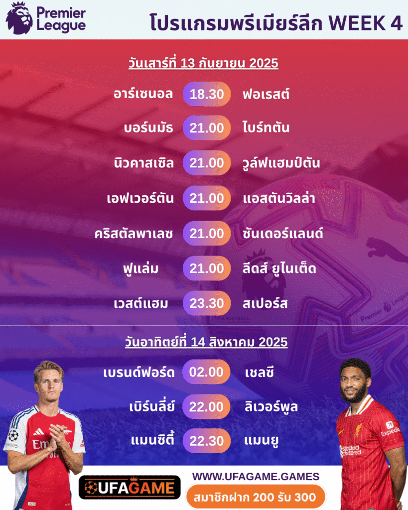 พรีเมียร์ลีกสัปดาห์ที่ 4: 10 เกมเดือดครบทุกคู่ เช็กโปรแกรมพร้อมเวลาถ่ายทอดสด
