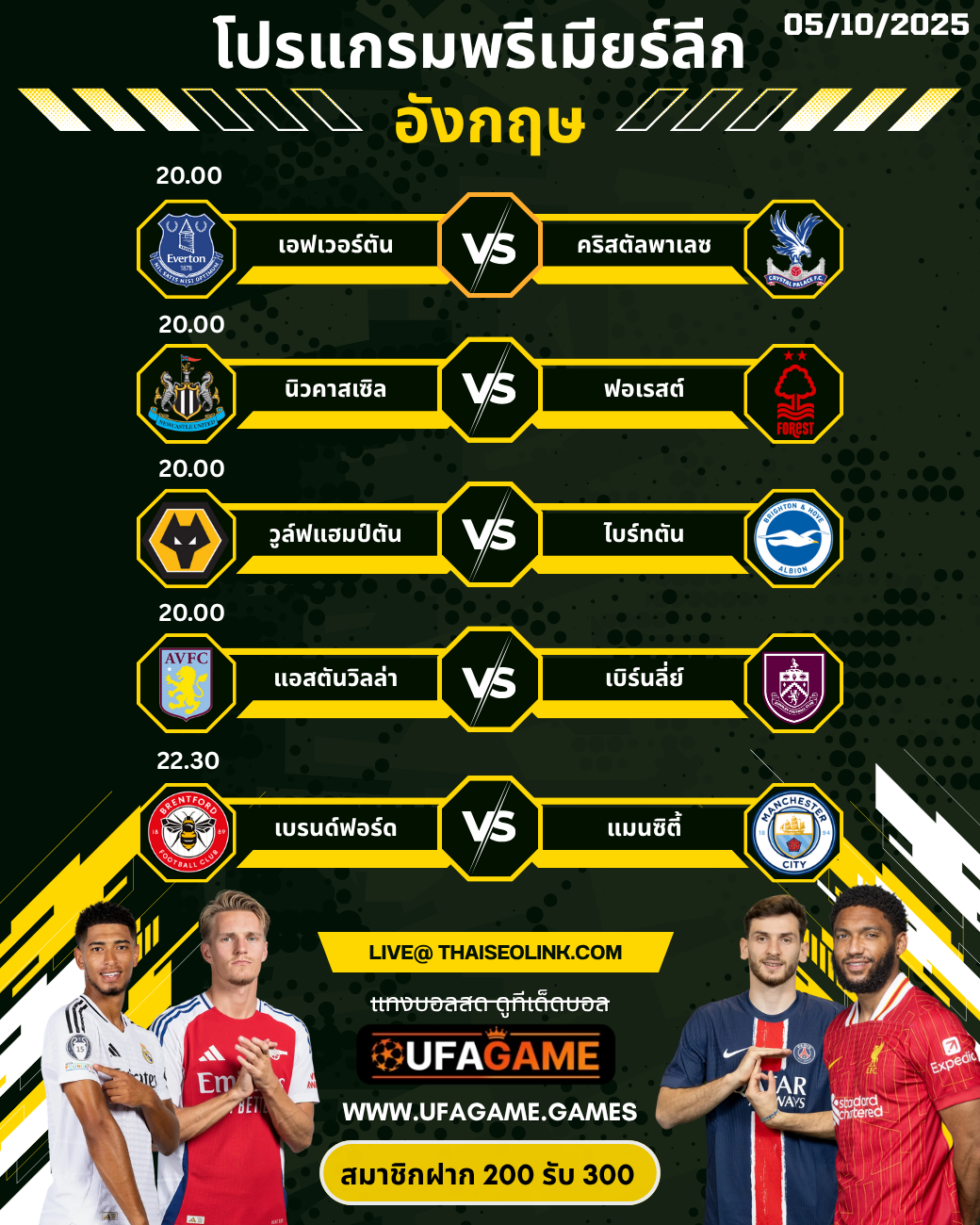 โปรแกรมพรีเมียร์ลีก อังกฤษ 5 ตุลาคม 2025 | แมนซิตี้บุกเยือนเบรนท์ฟอร์ด วิเคราะห์คู่เด่น